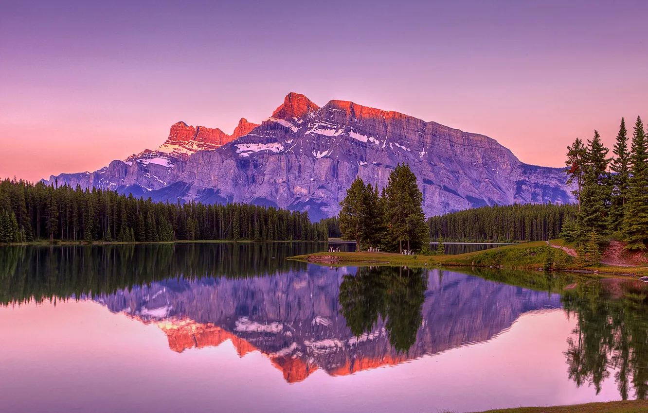 Photo wallpaper the sky, trees, sunset, mountains, lake, color