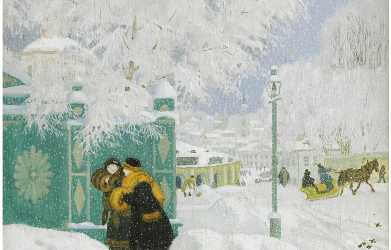 Photo wallpaper 1919, Boris Mikhailovich Kustodiev, WINTER SCENE, oil on board