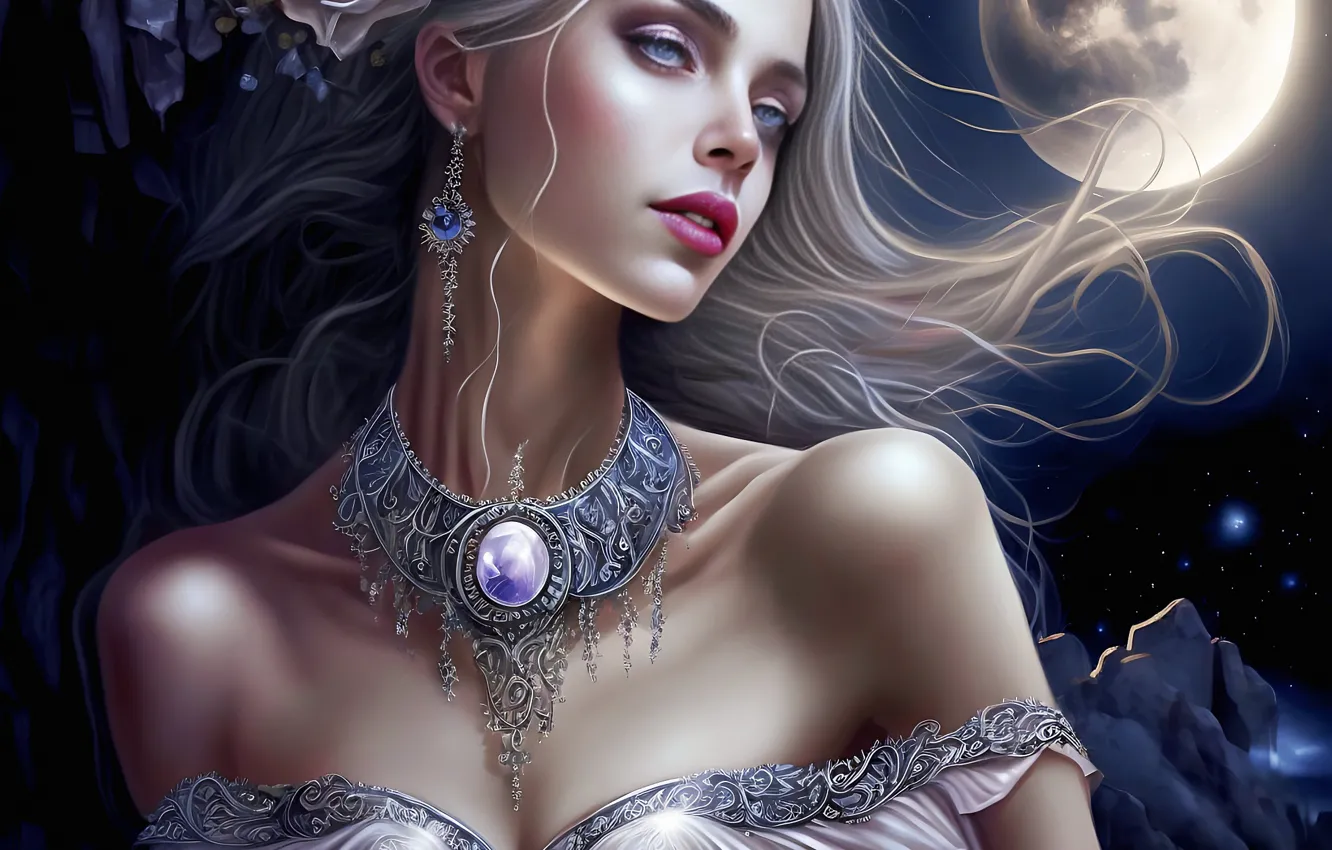 Photo wallpaper girl, night, the moon, hair, blonde, digital art, AI art, The Art of Artificial Intelligence