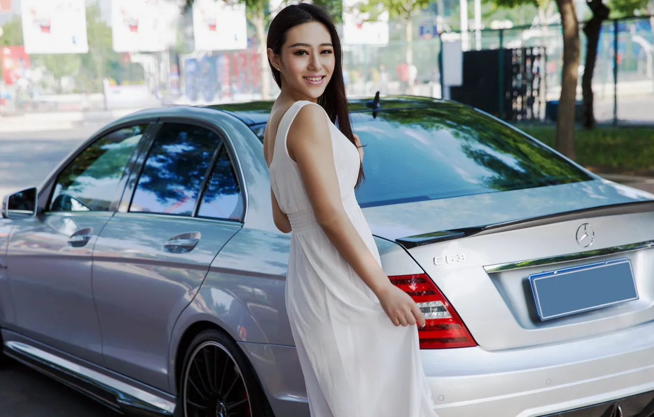 Photo wallpaper look, girl, smile, dress, Mercedes, Asian, beautiful girl, white car