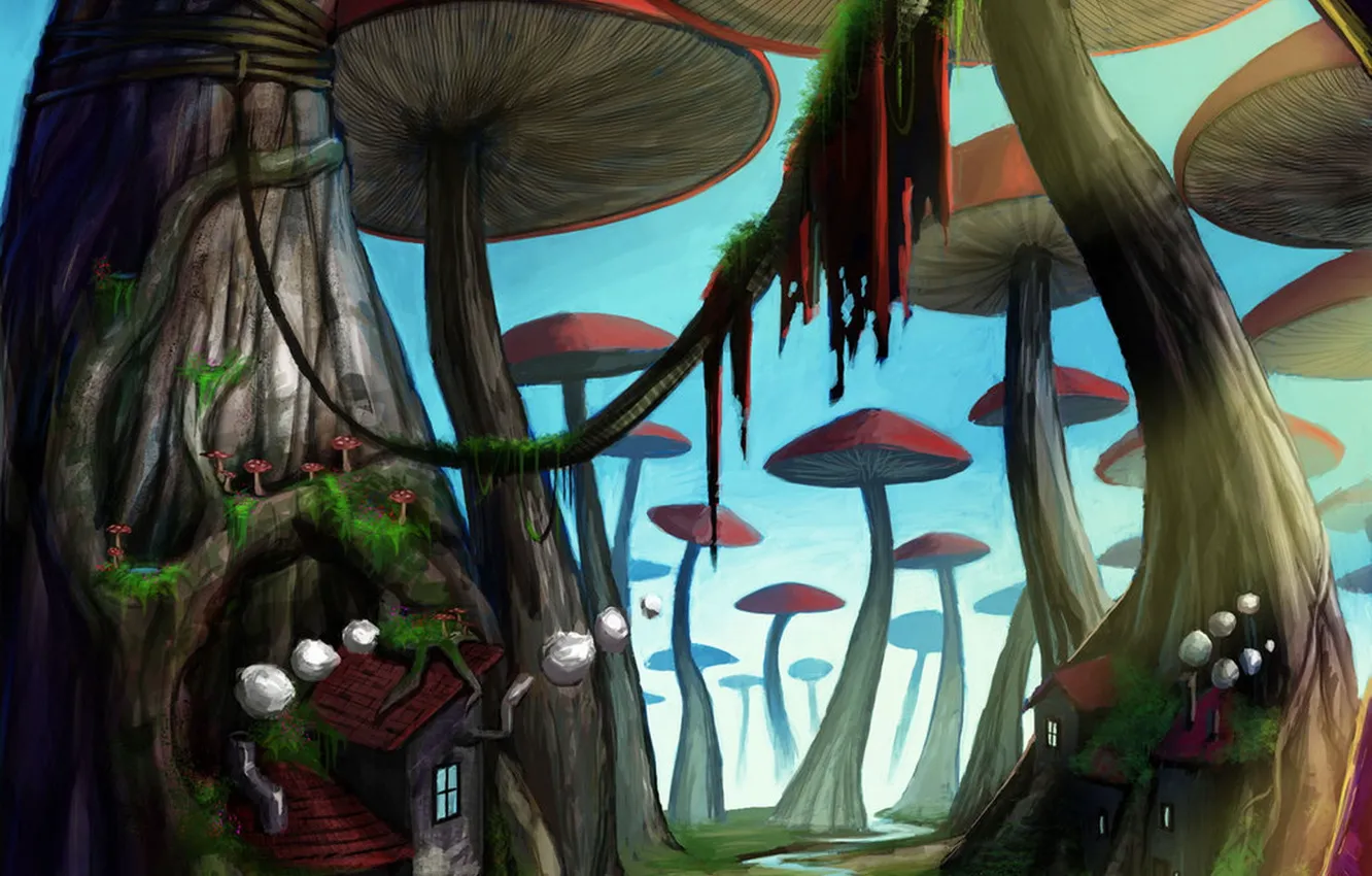 Photo wallpaper trees, mushrooms, home, plants