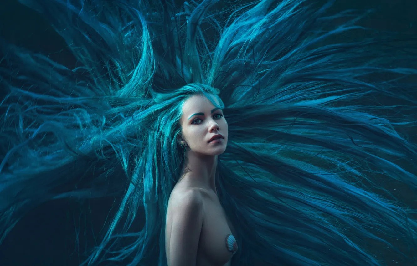 Photo wallpaper chest, girl, style, mermaid, shell, blue hair, cosplay, Eva Wald