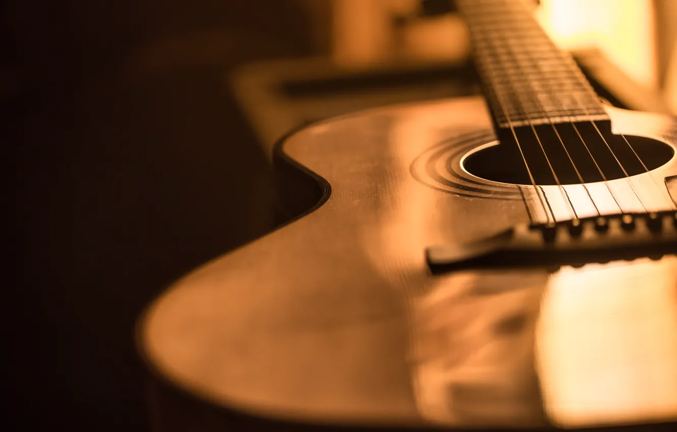 Photo wallpaper light, close-up, music, background, guitar, strings, musical instrument, bokeh
