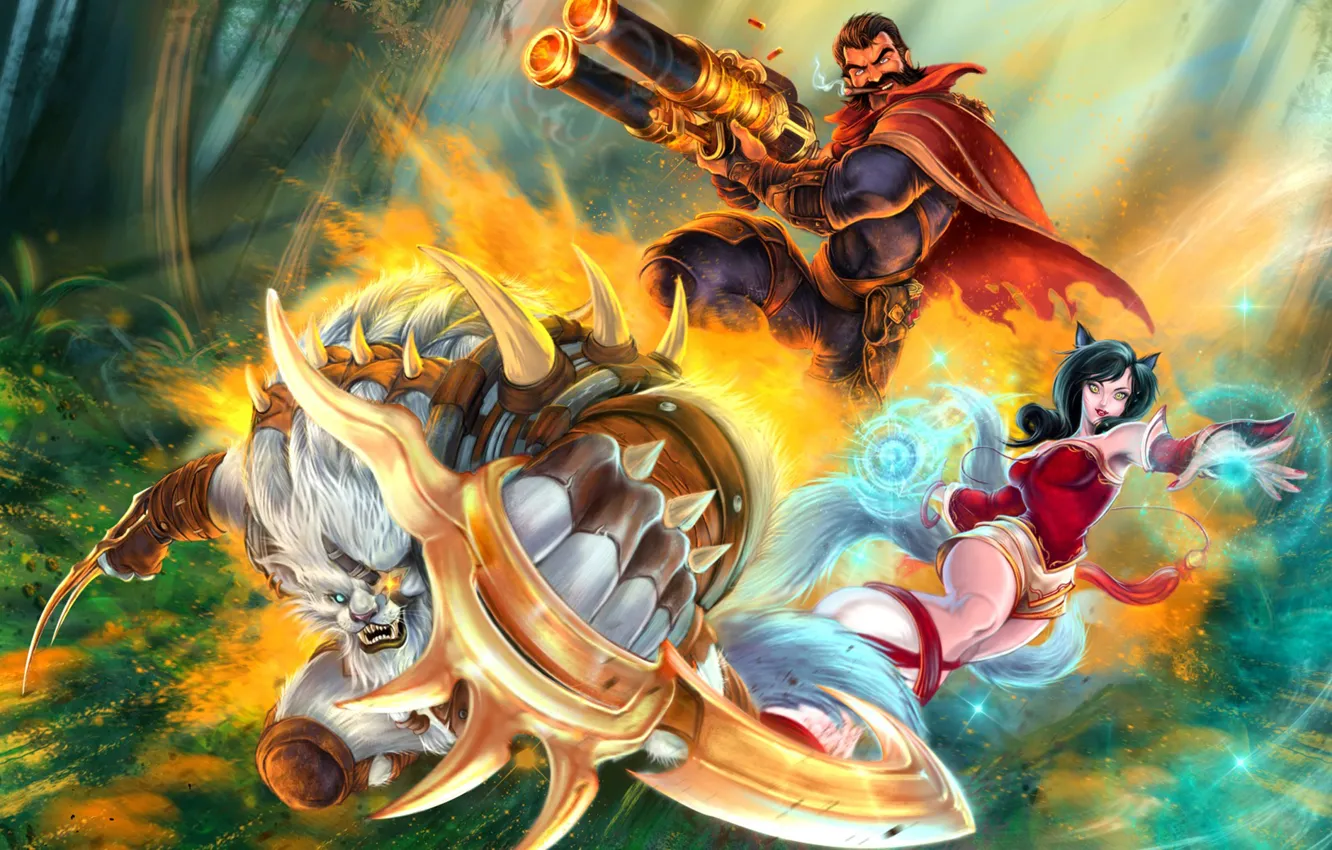 Photo wallpaper art, League of Legends, Ahri, Nine-Tailed Fox, Graves, Rengar, Pridestalker, Outlaw