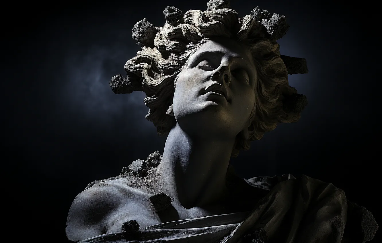 Photo wallpaper Girl, Hair, Head, Sculpture, Bust, The dark background, Digital art, AI art