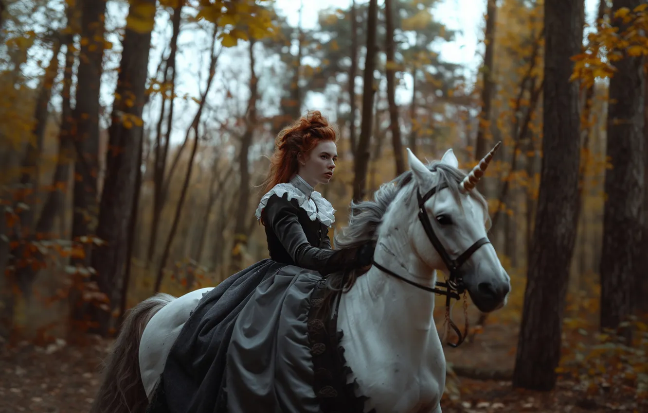 Photo wallpaper forest, girl, nature, fog, horse, woman, horse, rider