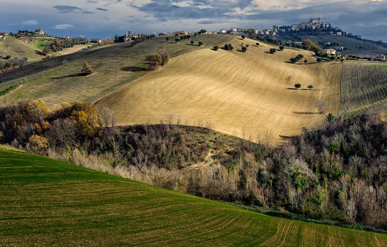 Photo wallpaper autumn, the sky, trees, the city, hills, field, home, Italy