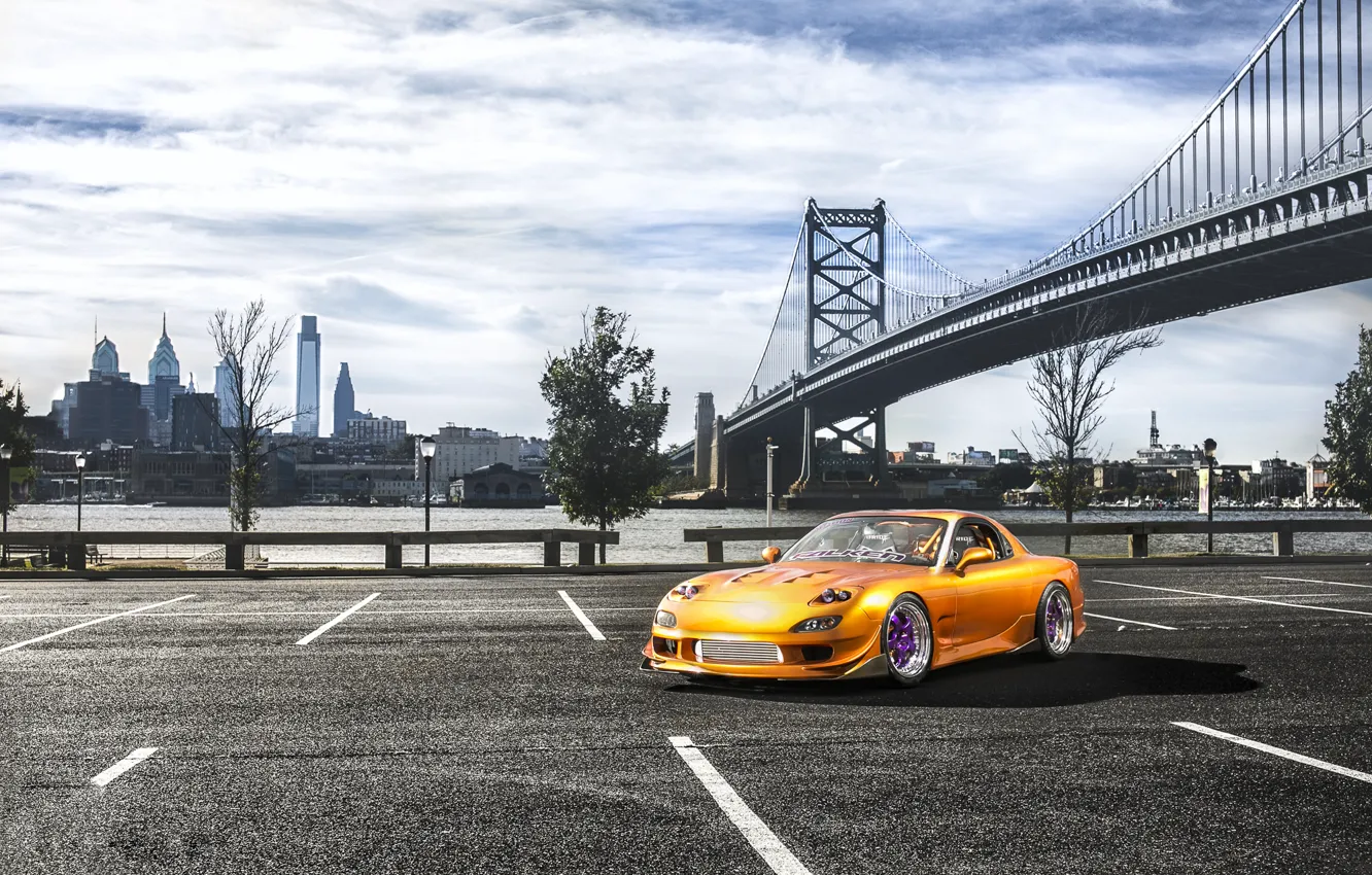 Photo wallpaper bridge, the city, Parking, Mazda, Drift, Car, RX7
