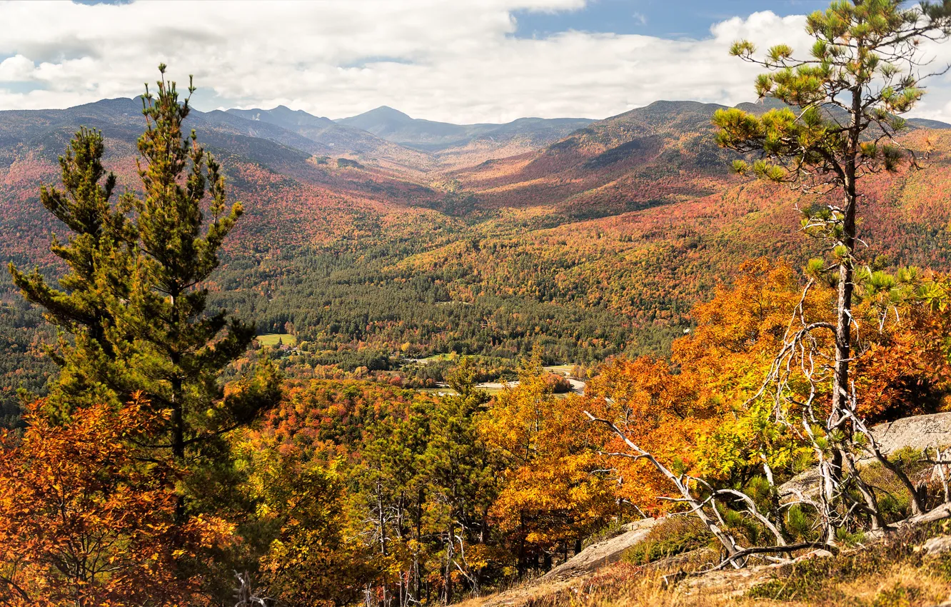 Photo wallpaper autumn, the sky, clouds, trees, landscape, mountains, slope