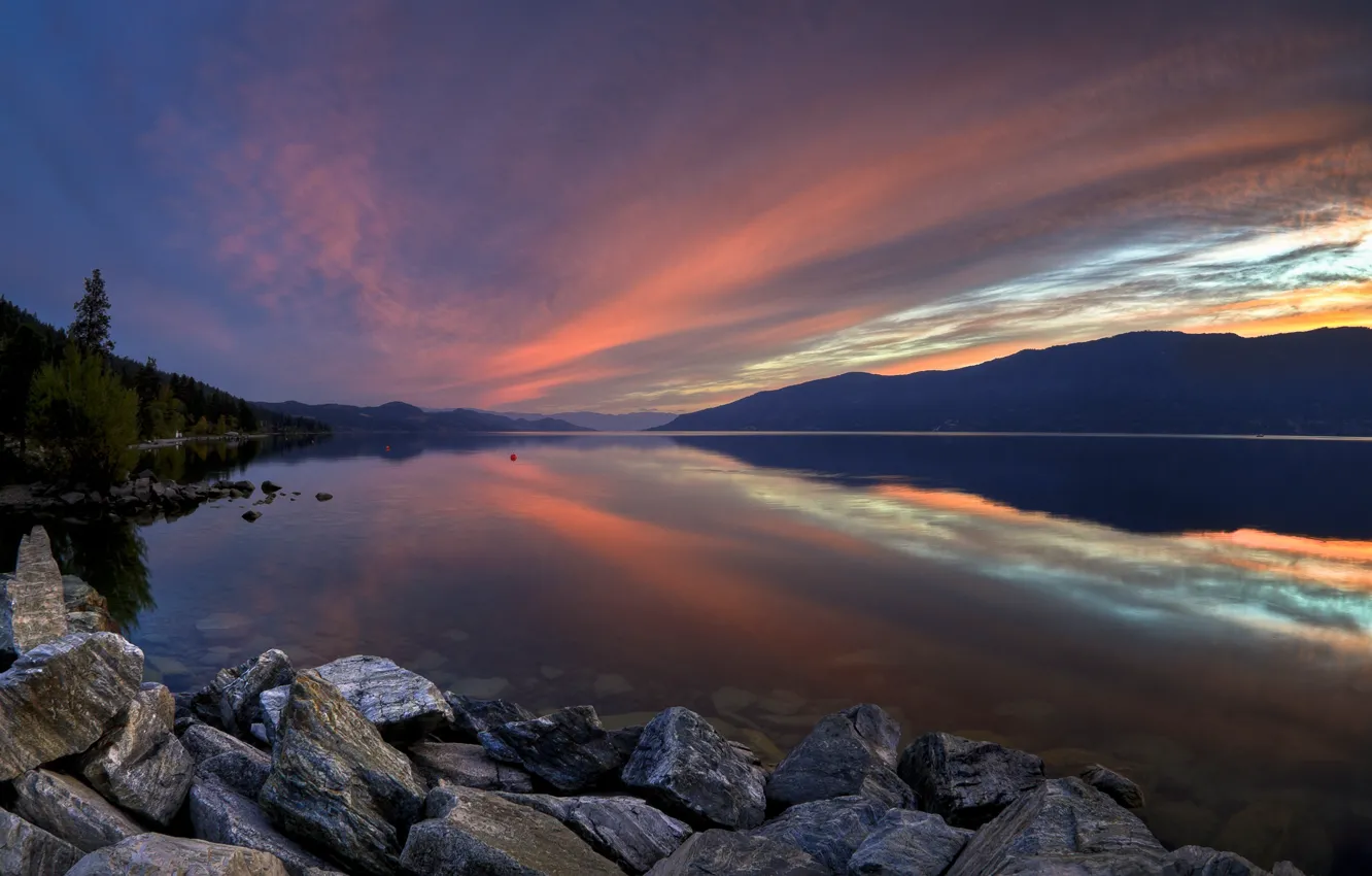 Photo wallpaper sunset, mountains, lake