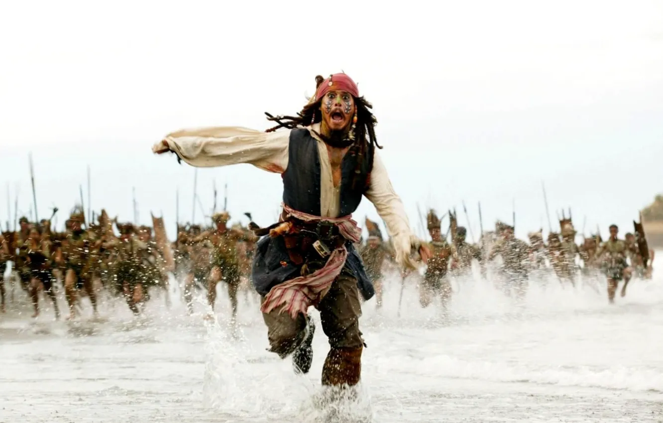 Photo wallpaper Johnny Depp, Sea, Running, Jack Sparrow, Pirates of the Caribbean, The natives