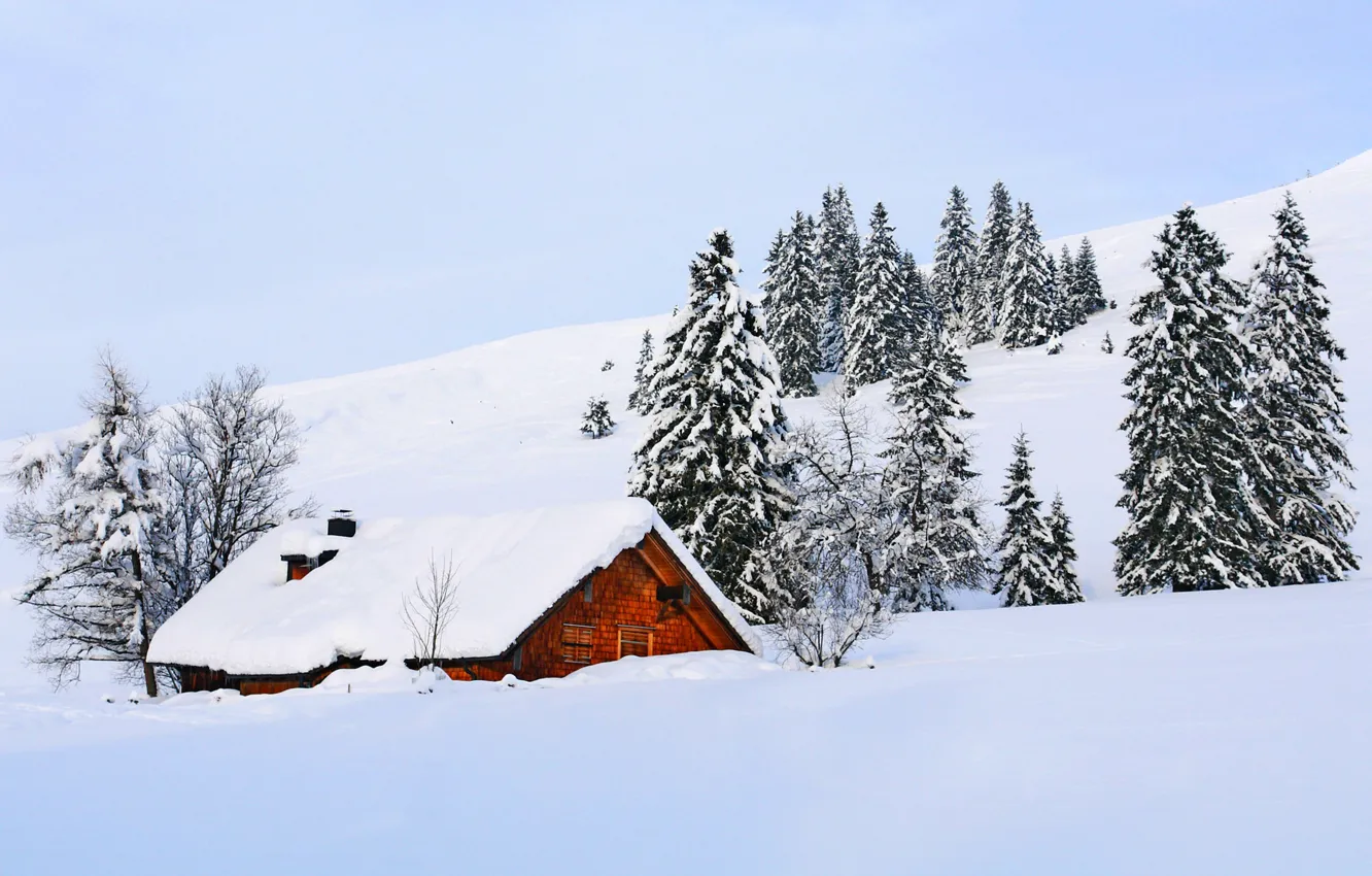 Photo wallpaper winter, the sky, snow, landscape, nature, house, house, white