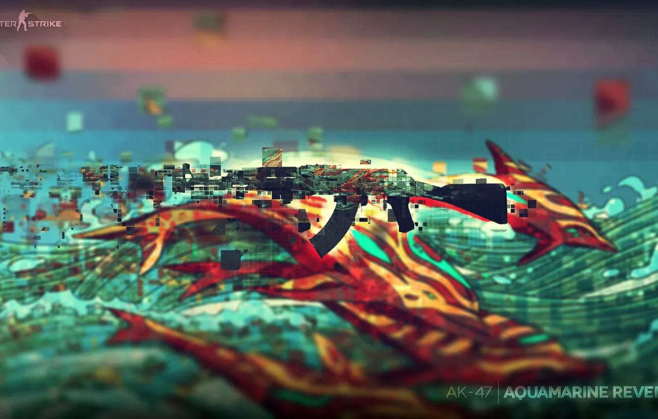 Photo wallpaper weapon, water, AK-47, pixels, abstraction, Counter Strike, fish, rifle