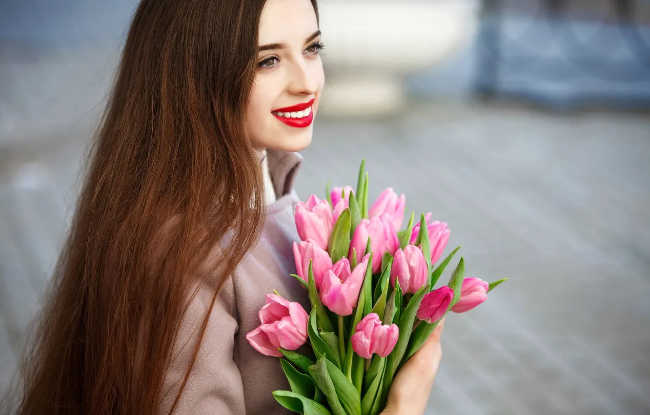 Photo wallpaper flowers, smile, portrait, bouquet, makeup, hairstyle, tulips, brown hair