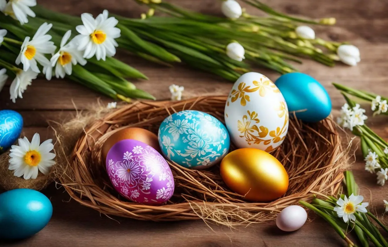 Photo wallpaper flowers, eggs, spring, colorful, Easter, flowers, spring, Easter