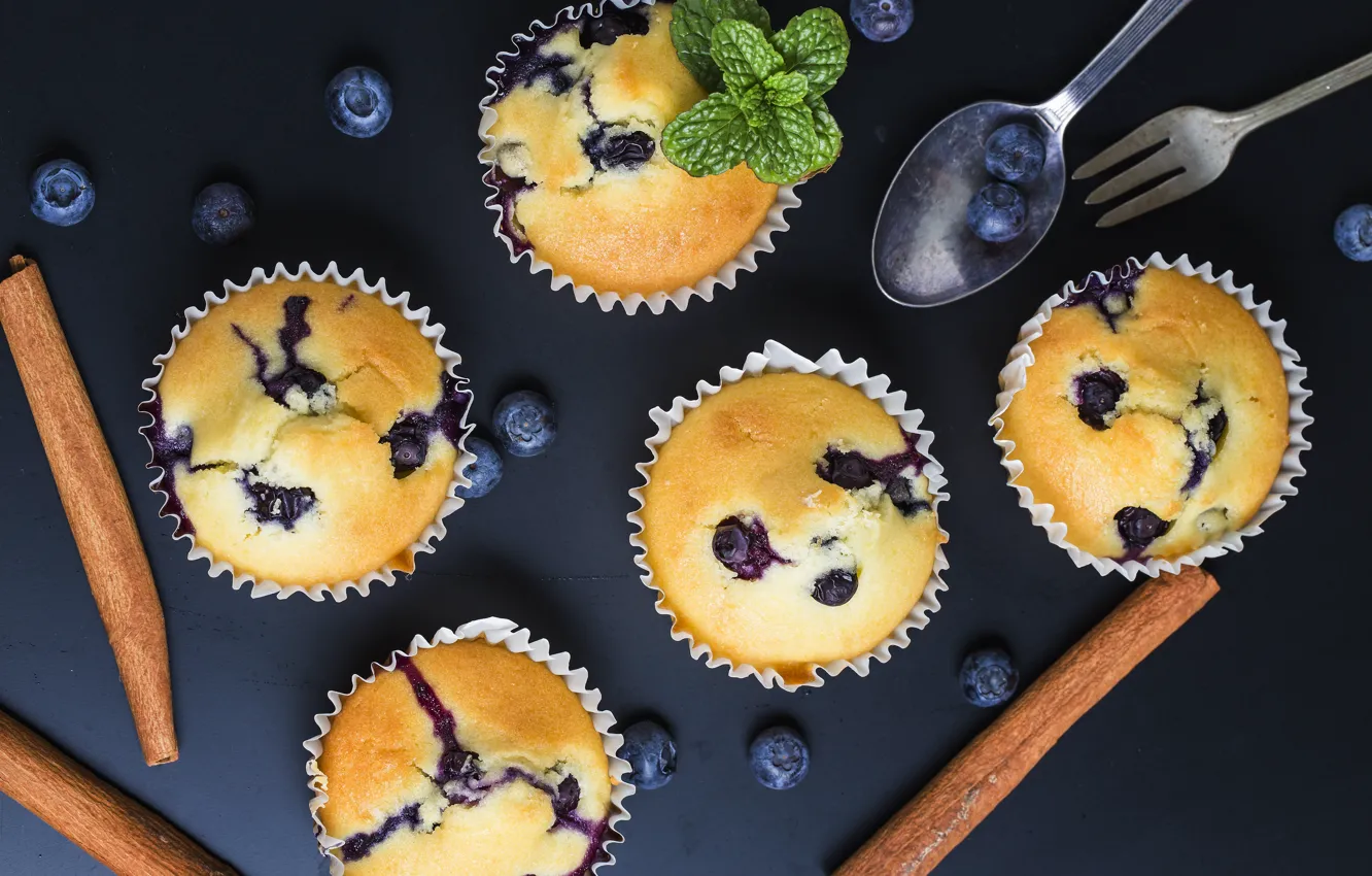 Photo wallpaper blueberries, cinnamon, mint, cakes, cupcakes