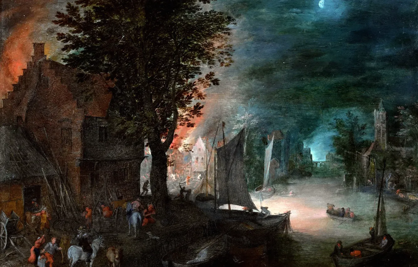 Photo wallpaper landscape, picture, Jan Brueghel the younger, A fire in the Village