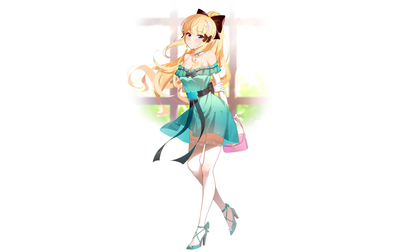 Photo wallpaper girl, sexy, cleavage, thighhighs, long hair, dress, legs, boobs