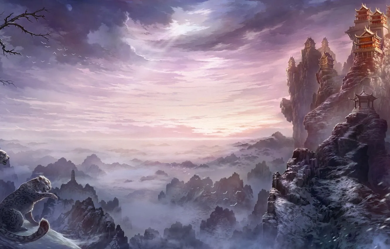 Photo wallpaper cat, snow, mountains, Asia, height, art, temple, IRBIS