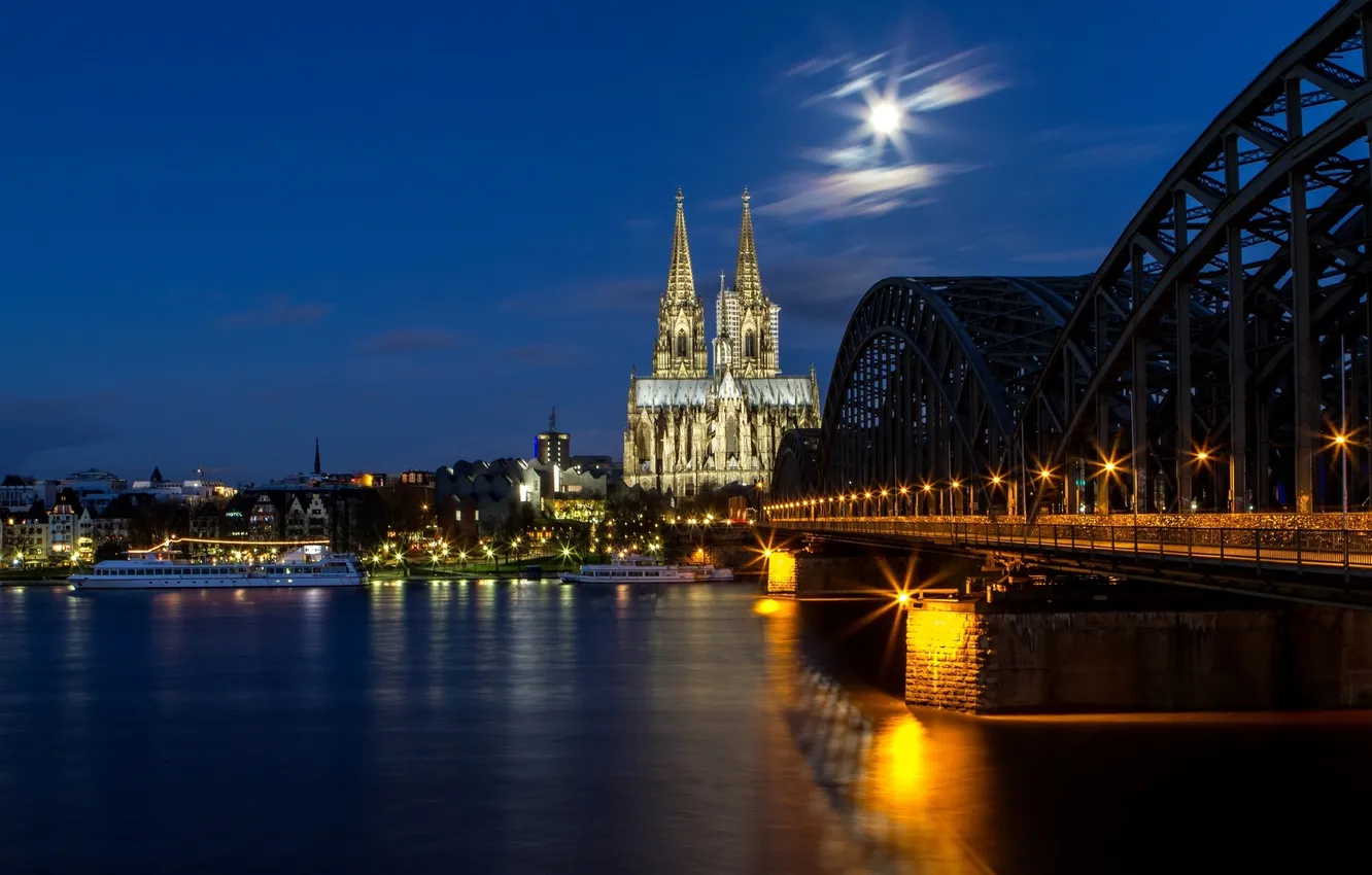 Photo wallpaper night, bridge, the city, river, the moon, Germany, lighting, Church