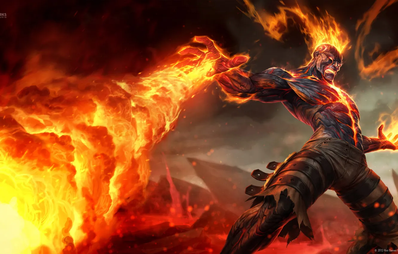 Photo wallpaper rocks, flame, MAG, League of Legends, brand, LoL