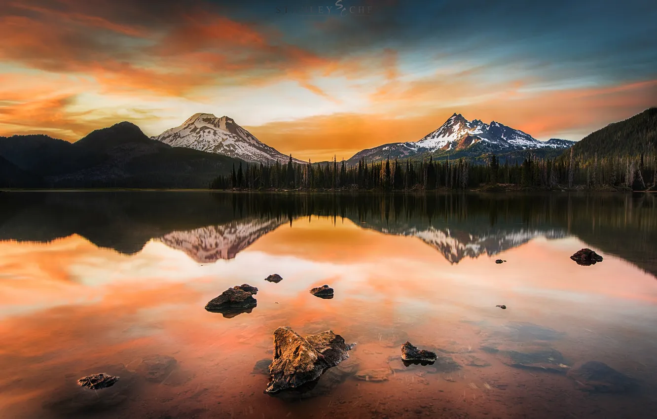 Photo wallpaper landscape, sunset, lake, Portland, Sparks Lake, pacificwest