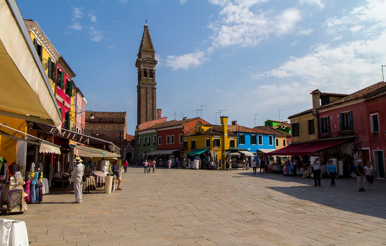 Photo wallpaper the sky, people, street, home, Italy, Venice, the bell tower, Burano island