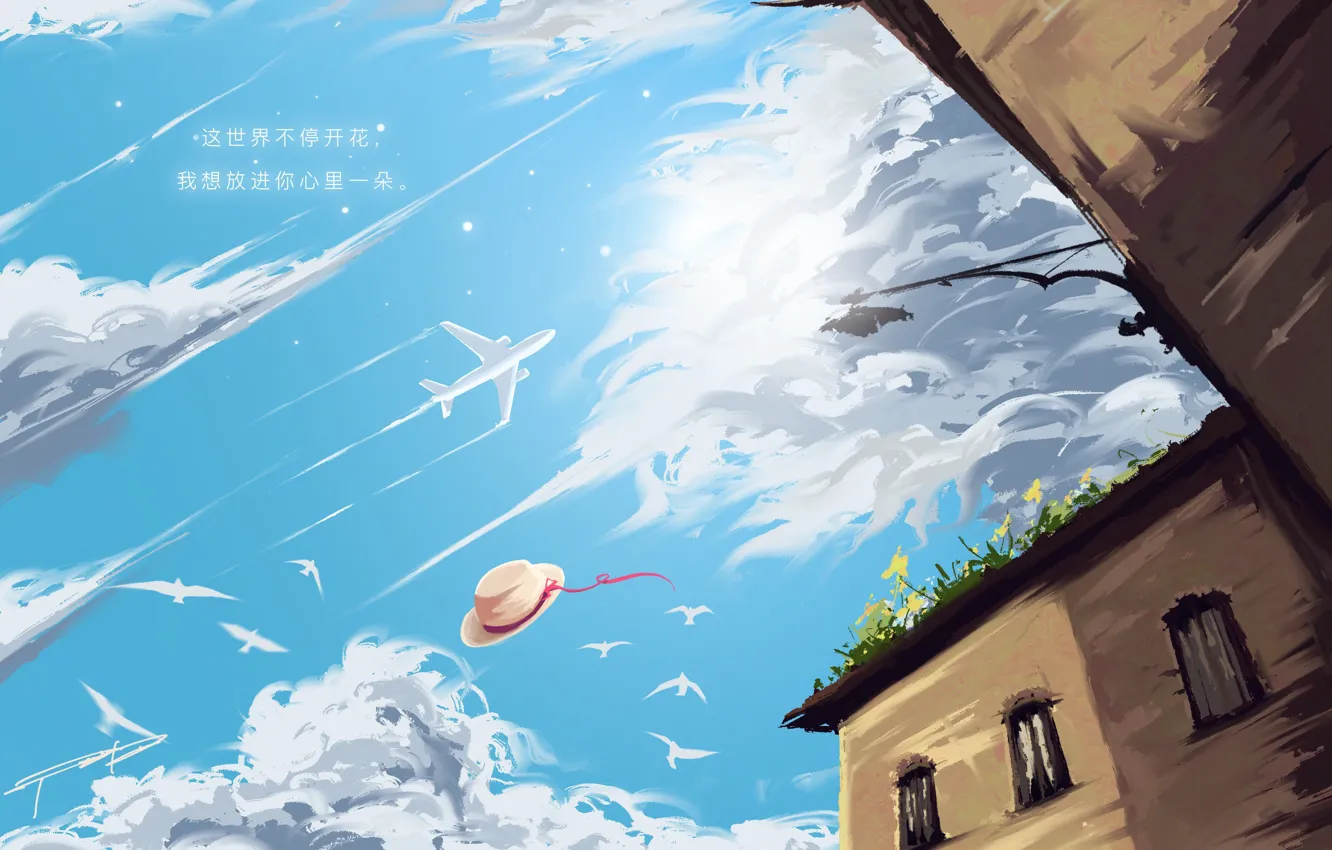 Photo wallpaper the sky, birds, house, the plane, hat, by Fangpeii