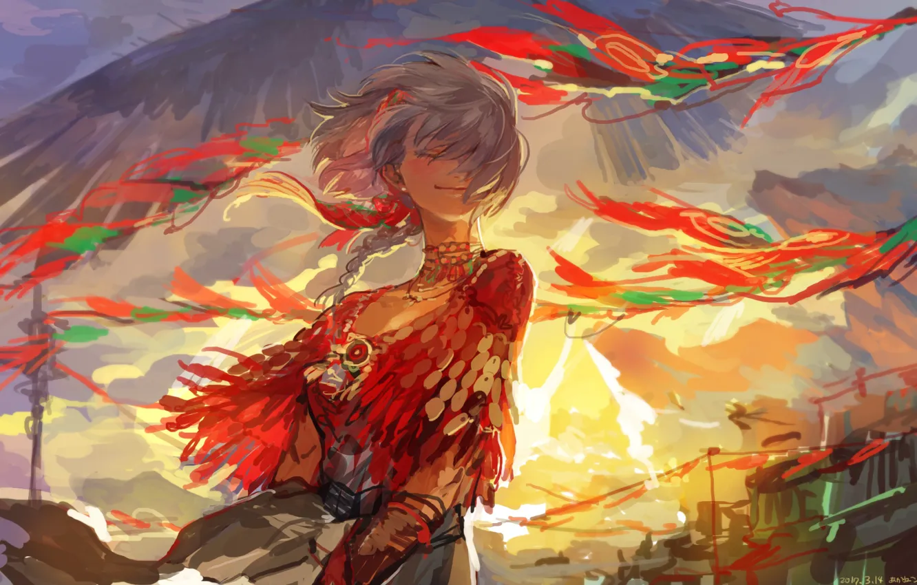 Photo wallpaper the sky, the wind, wings, girl, Cape, pigtail, closed eyes