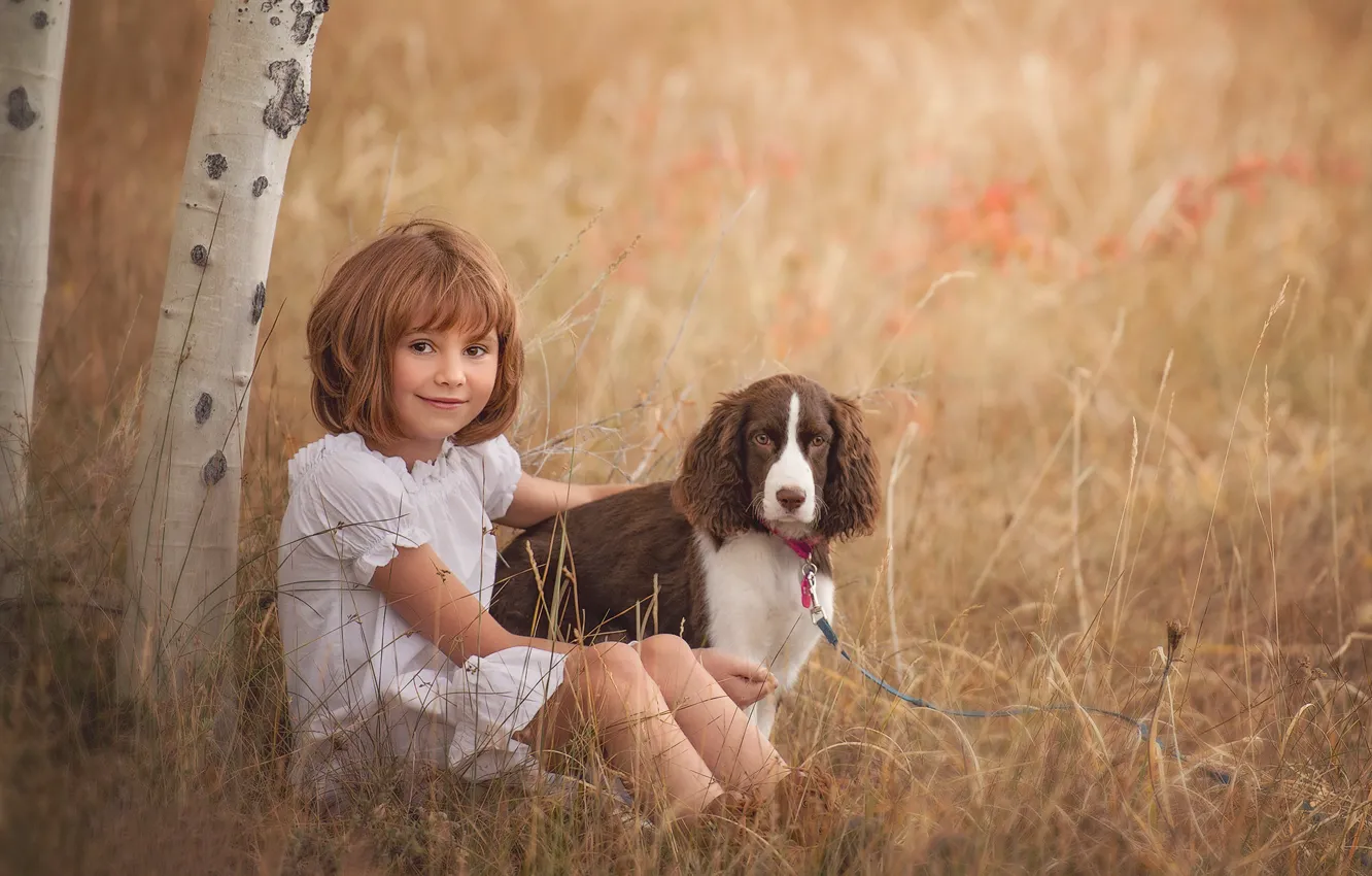 Photo wallpaper grass, trees, nature, children, smile, each, glade, dog