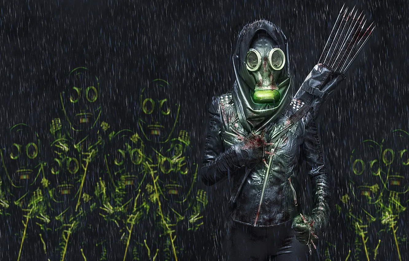 Photo wallpaper girl, rain, people, jacket, gas mask