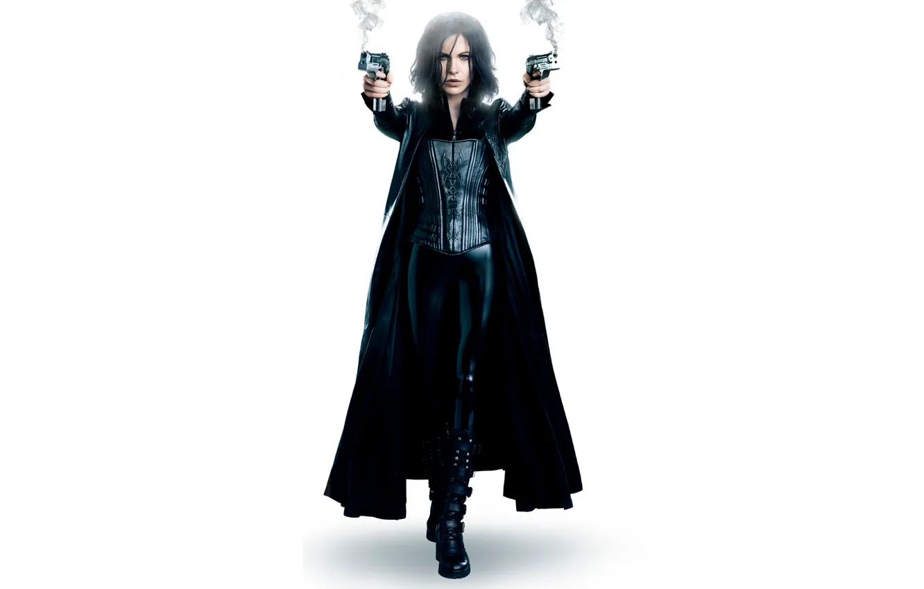 Photo wallpaper gun, smoke, brunette, costume, Kate Beckinsale, white background, vampire, Kate Beckinsale