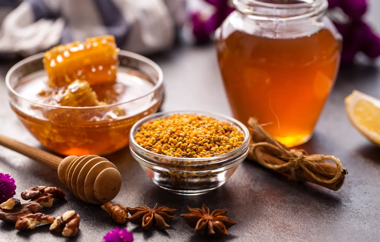 Photo wallpaper food, cell, honey, spoon, Bank, nuts, cinnamon, sweet