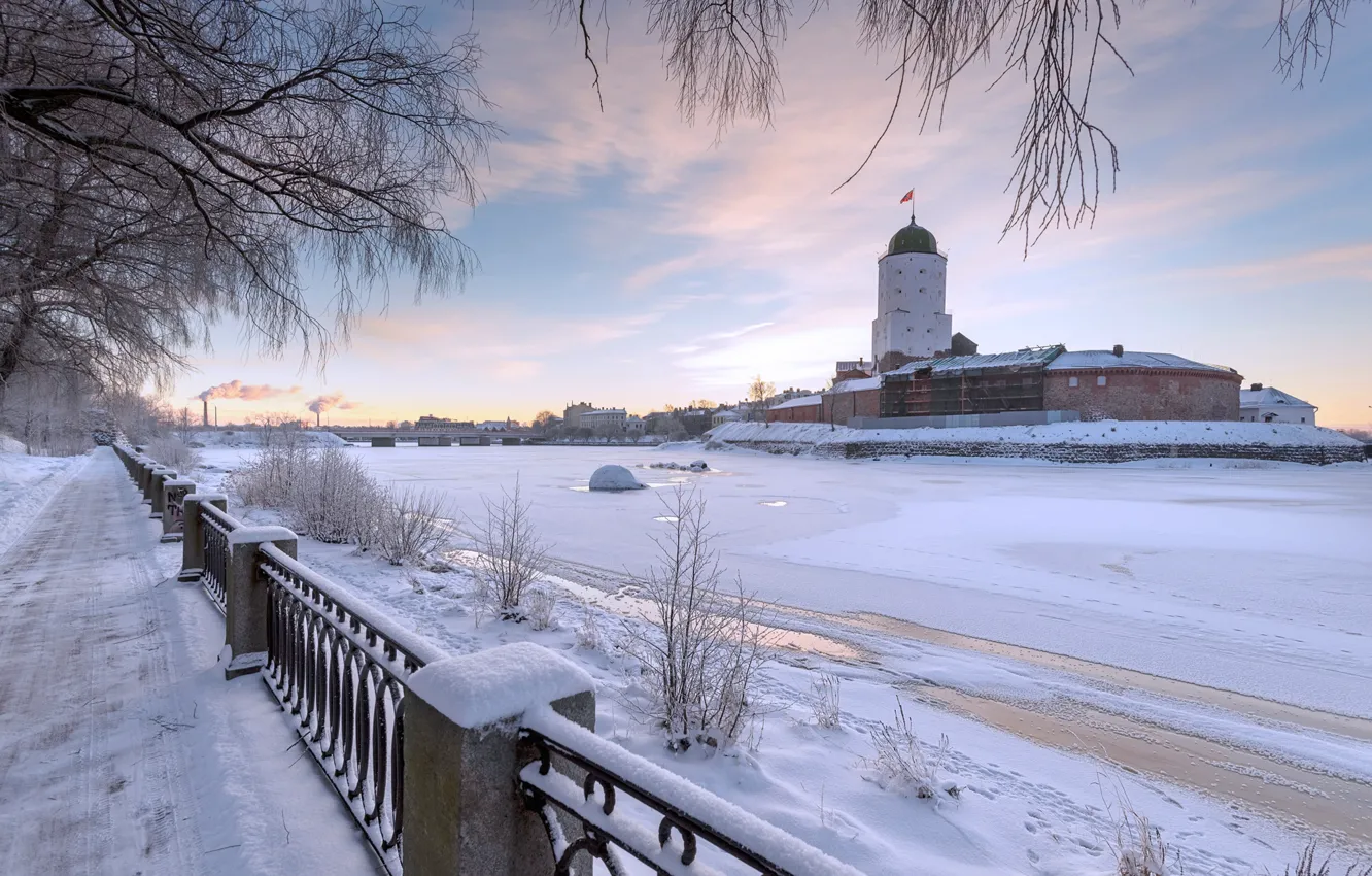 Photo wallpaper winter, snow, bridge, river, tower, Russia, Eduard Gordeev