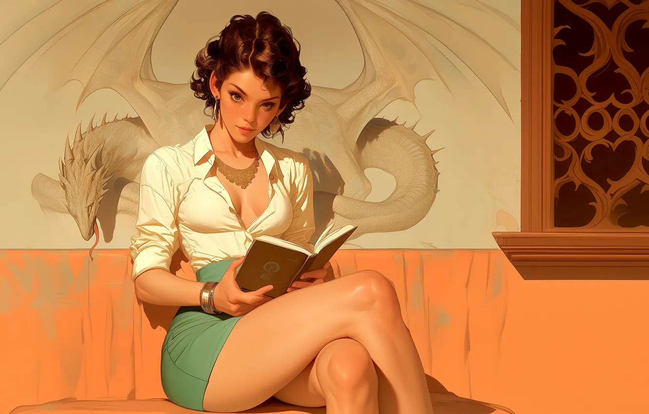 Photo wallpaper Girl, fantasy, cleavage, legs, dragon, brunette, book, digital art