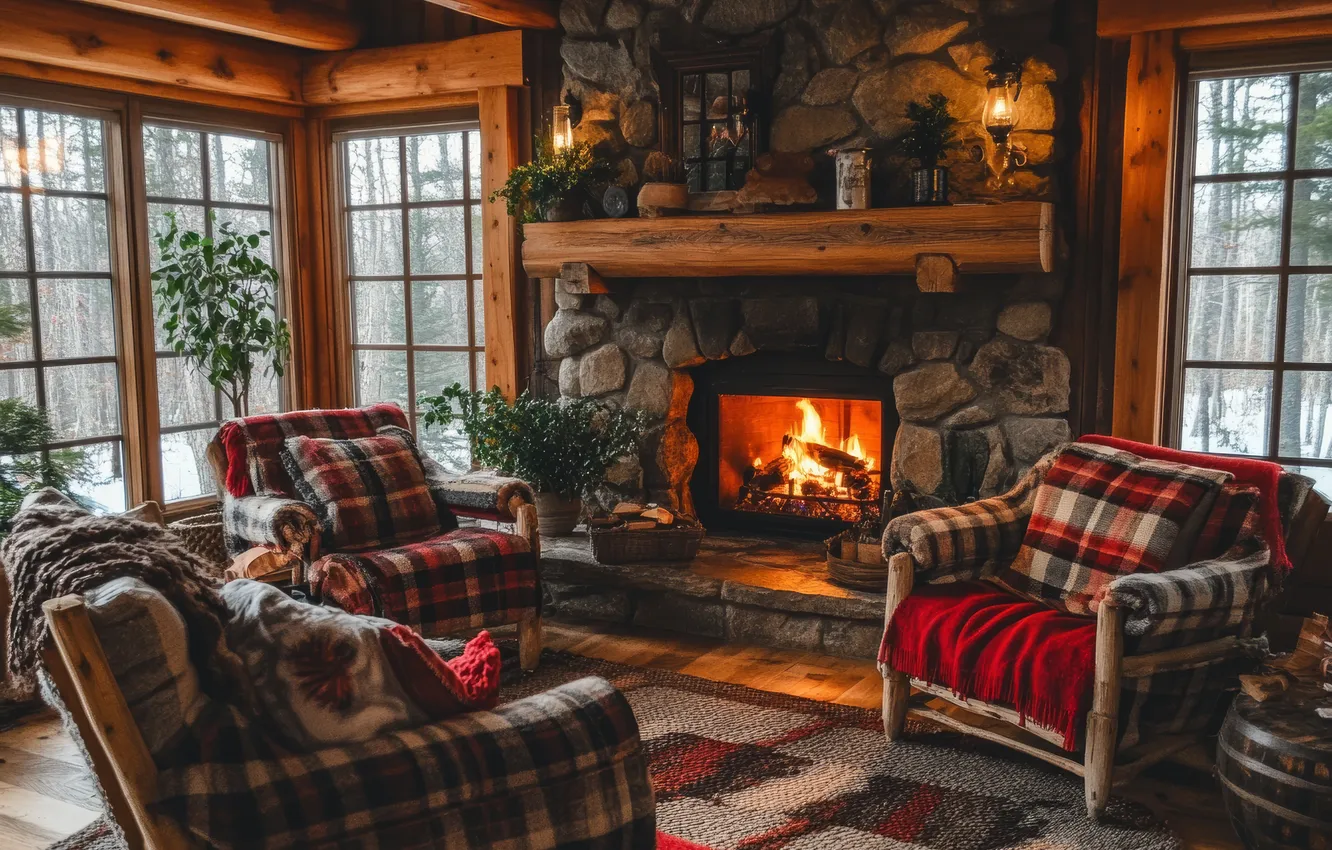 Photo wallpaper comfort, house, stones, room, sofa, fire, carpet, furniture