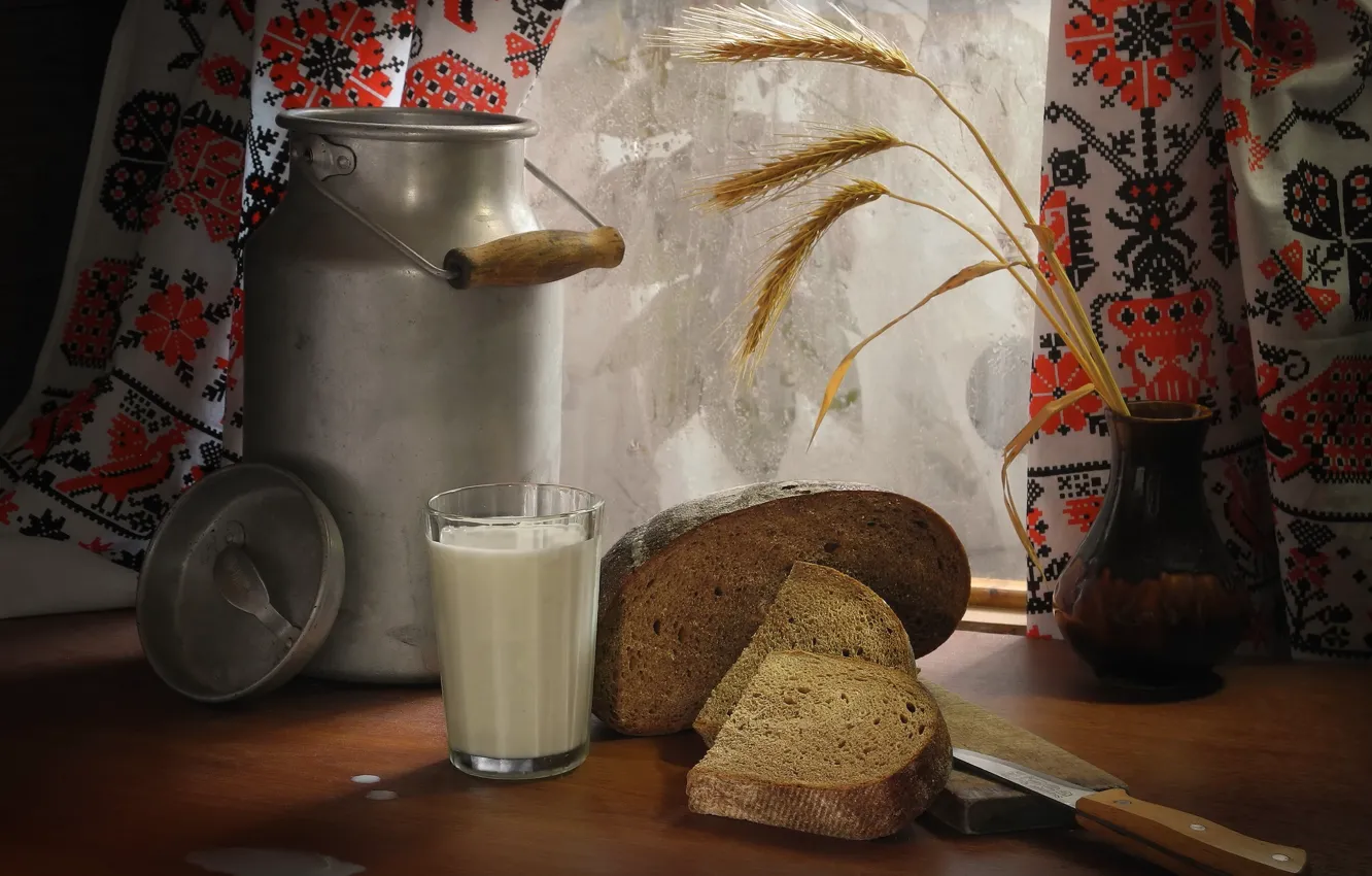 Photo wallpaper milk, bread, knife