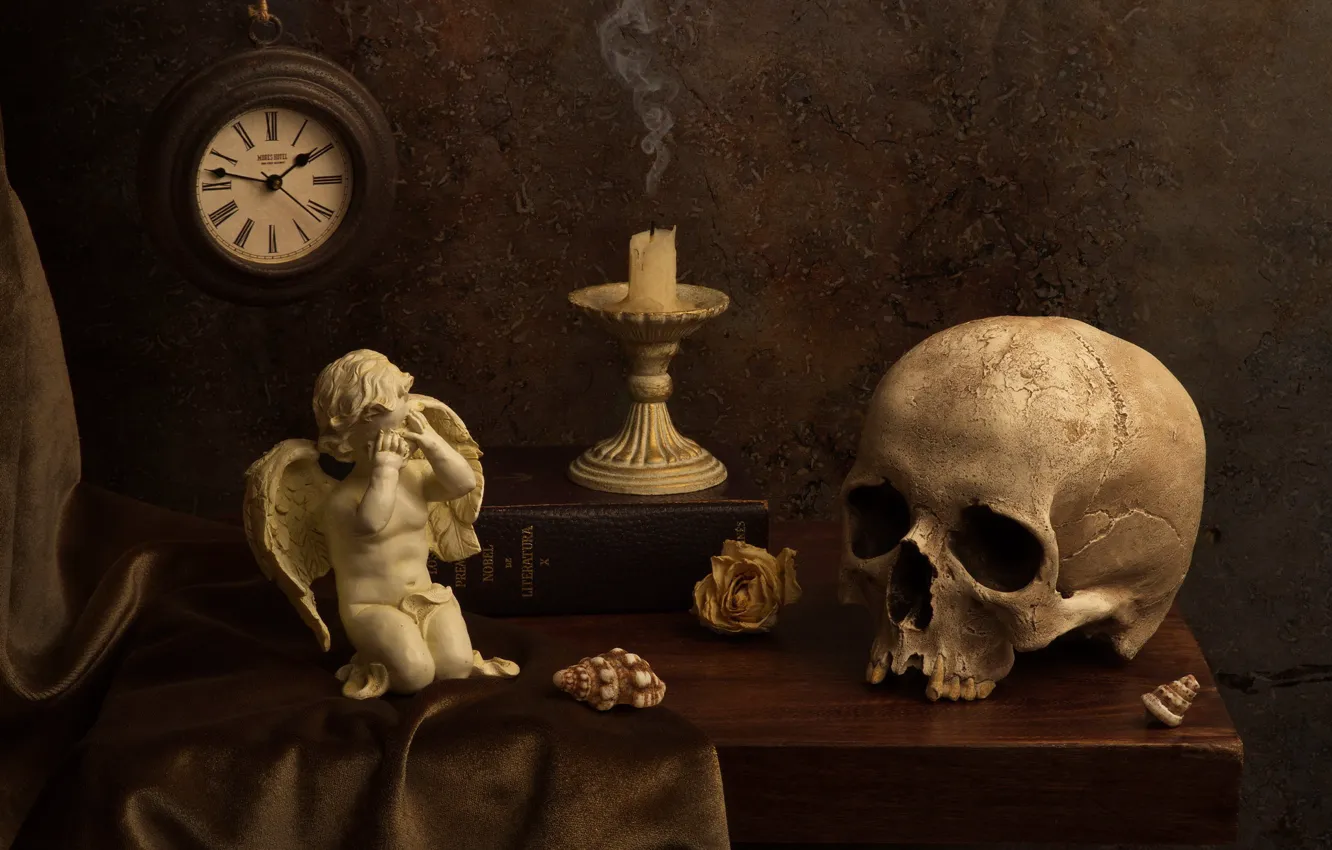 Photo wallpaper style, the dark background, table, watch, skull, candle, fabric, book