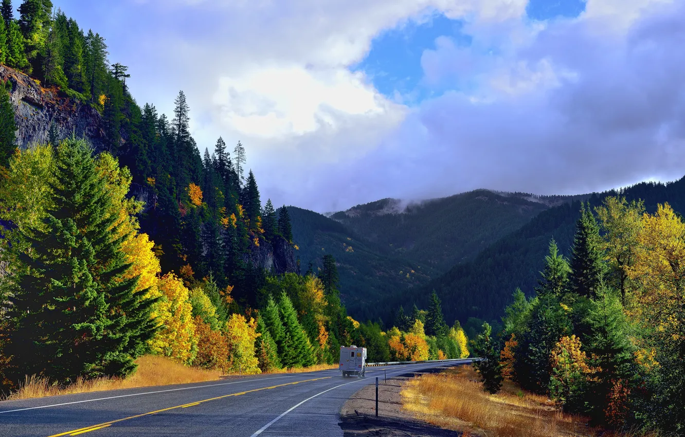 Photo wallpaper road, autumn, the sky, trees, mountains