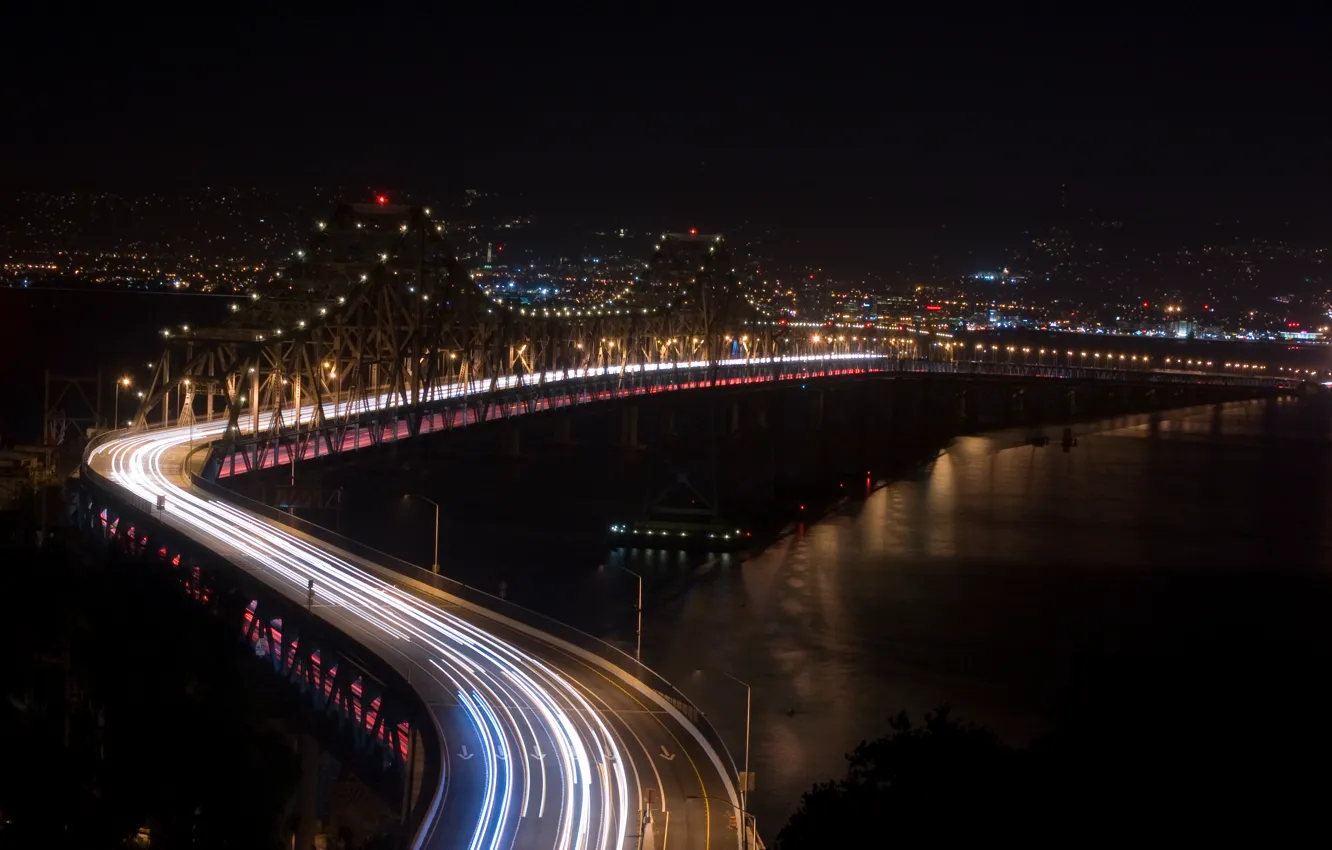 Photo wallpaper road, night, bridge, river