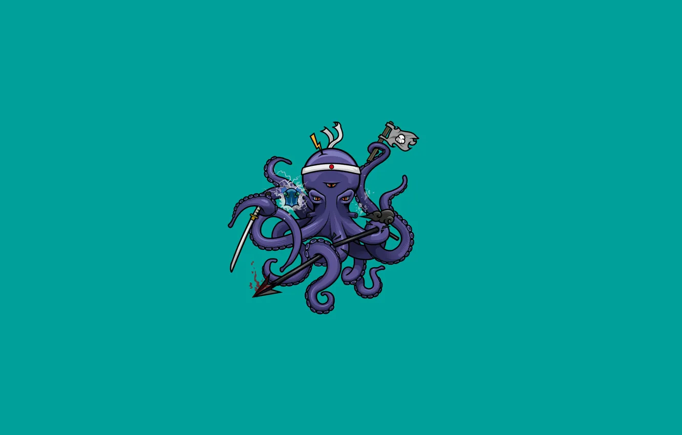 Photo wallpaper minimalism, sword, flag, octopus, tentacles, headband, spear, octopus