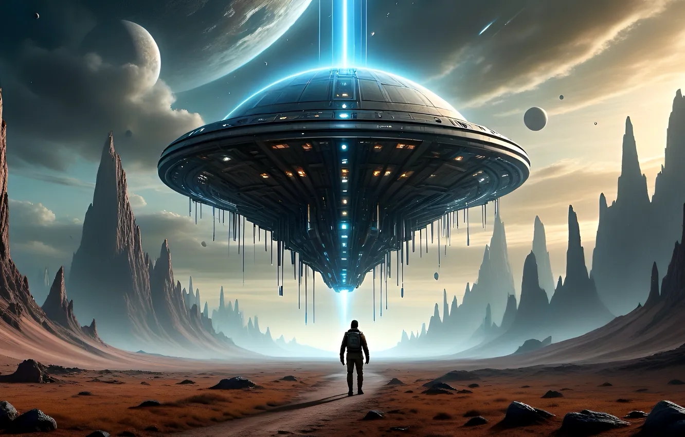 Photo wallpaper flight, mountains, lights, fog, fiction, rocks, people, planet