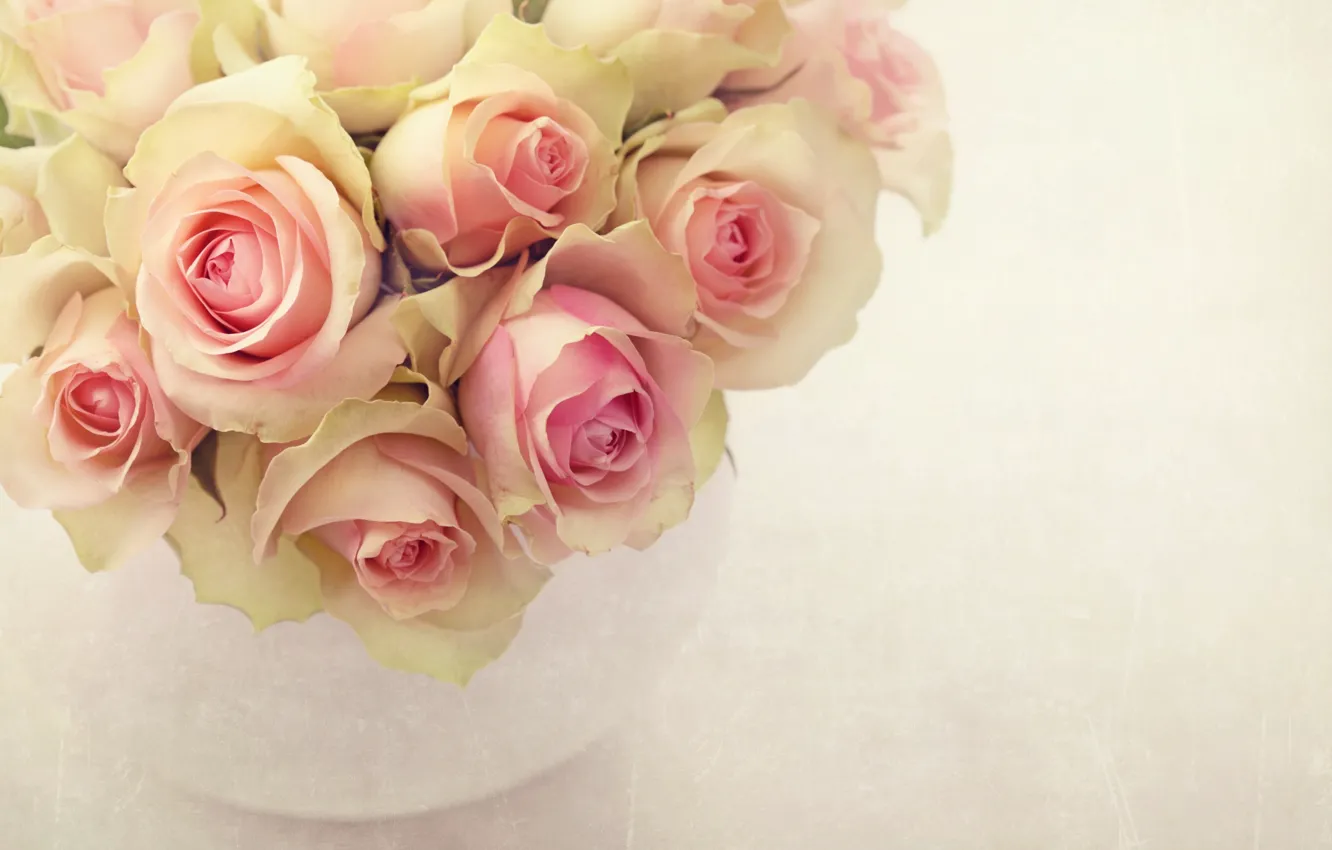 Photo wallpaper pink, roses, bouquet, vase