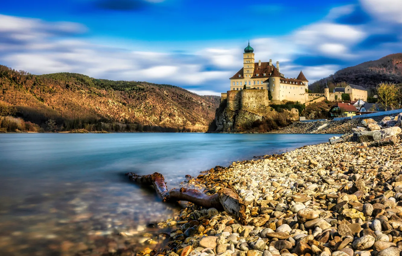 Photo wallpaper river, stones, castle, hills, Austria, Austria, Danube River, Schönbühel Castle