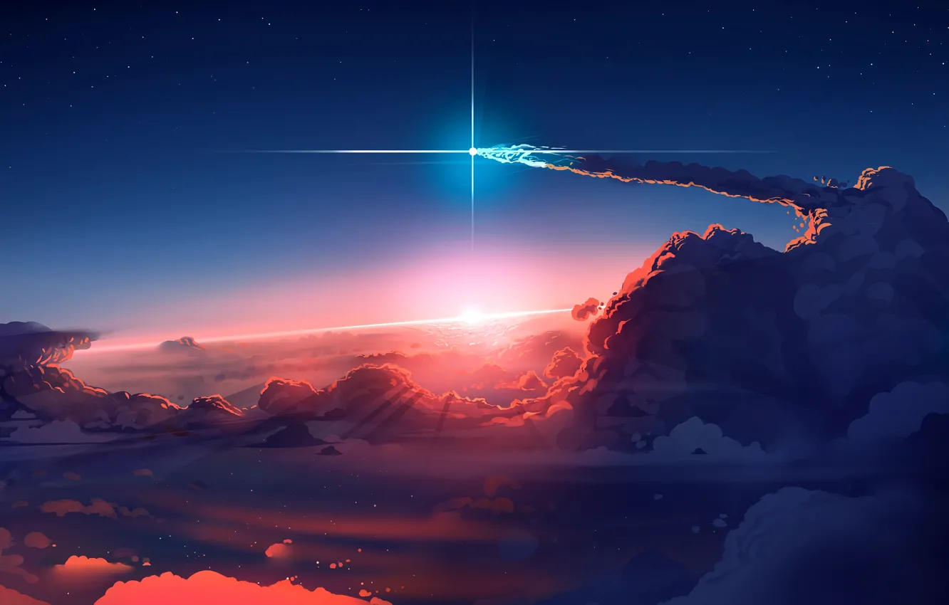 Photo wallpaper Sky, sunset, art, clouds, stars, sun, digital art, artwork