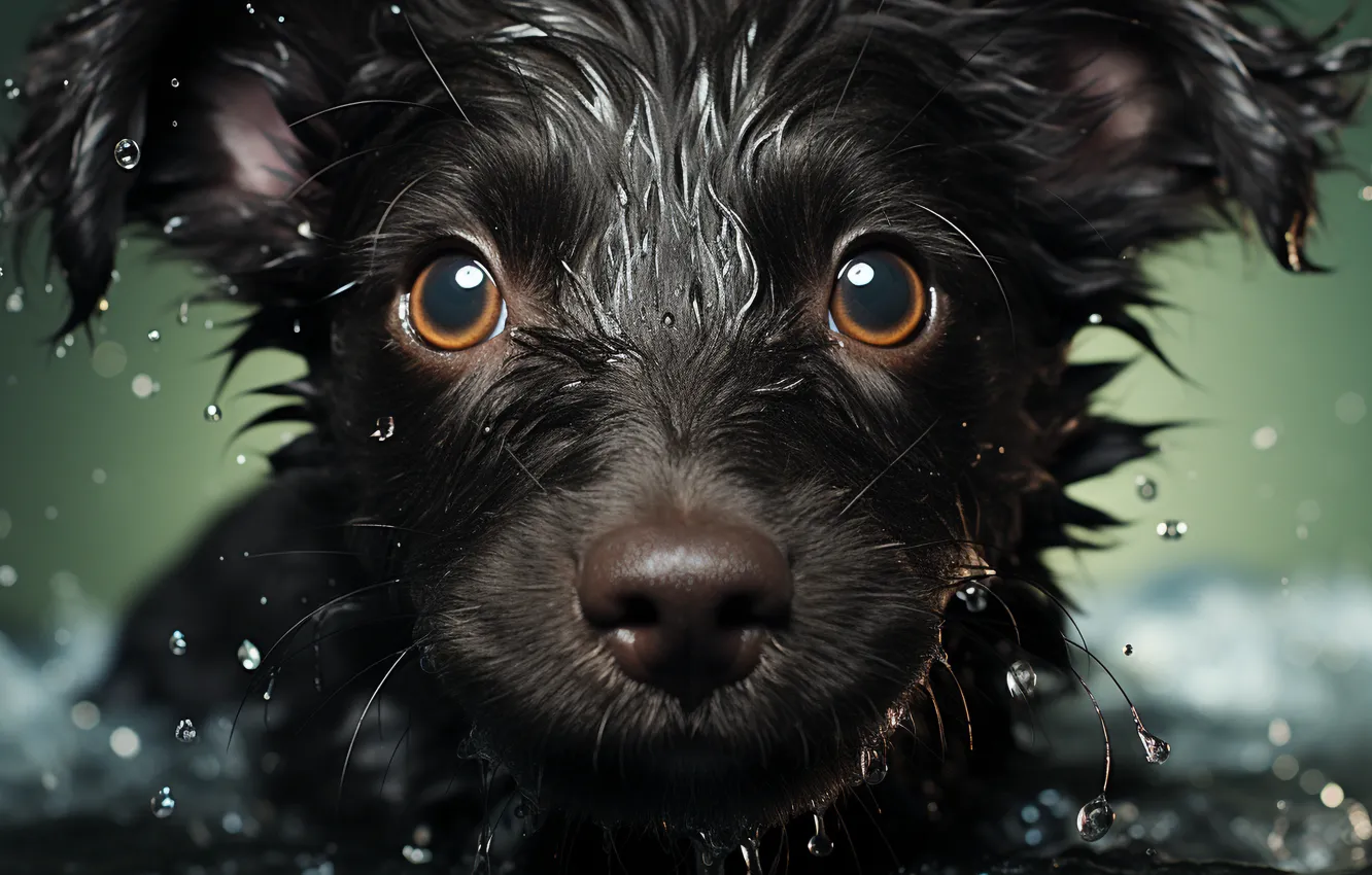 Photo wallpaper look, dog, wet, puppy, face, closeup, digital art, AI art