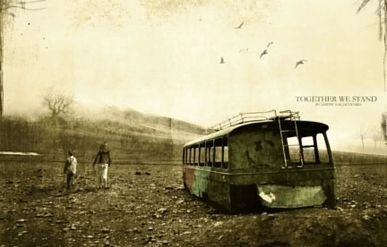 Photo wallpaper old age, rusty bus, together we stand, the power of the spirit, fading