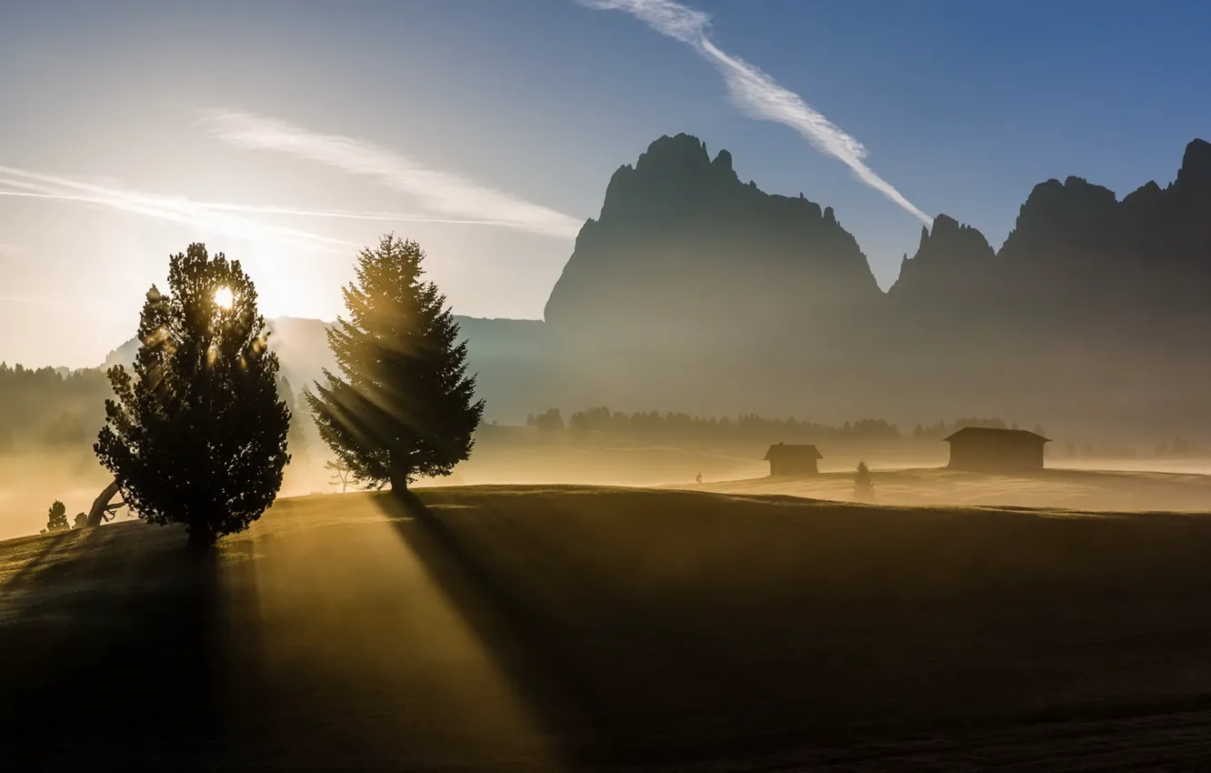 Photo wallpaper landscape, mountains, nature, fog, morning