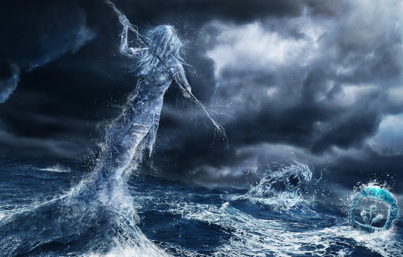 Photo wallpaper sea, girl, clouds, storm, monster, spirit, art, spear