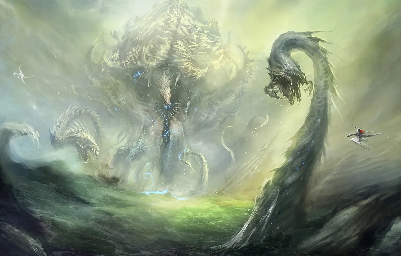 Photo wallpaper dragon, monster, art, rider, the worm